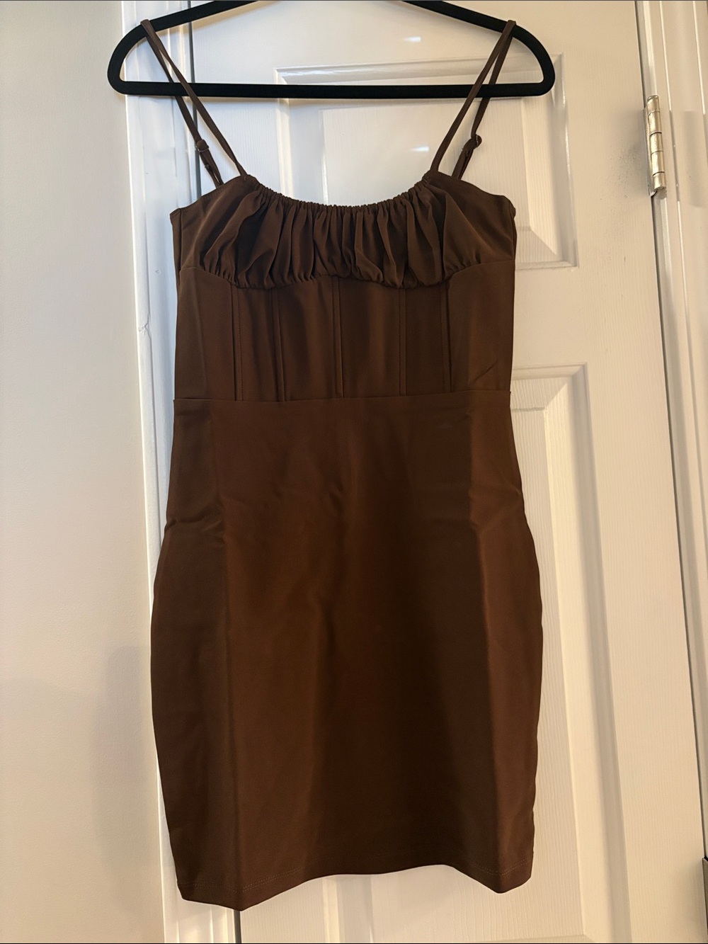 Brown Spaghetti-Strap Body-con Dress with Corset Detail